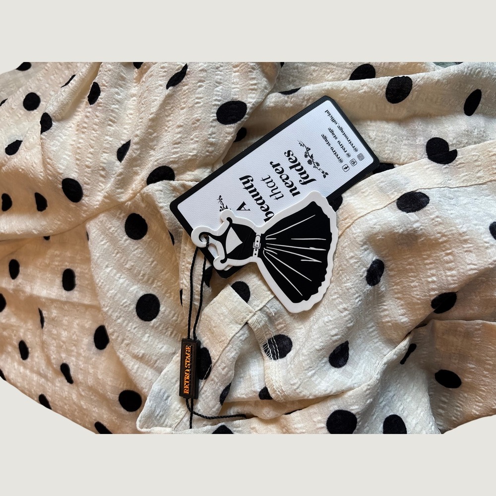 Retro Stage Cream Black Polka Dot Wrap Top Short Puff Sleeve Blouse Large NWT - Picture 7 of 8